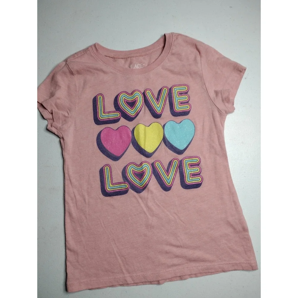 Childrens Place Girls Pink Love Heart Graphic Tee and Black Bike Shorts‎ Set 5